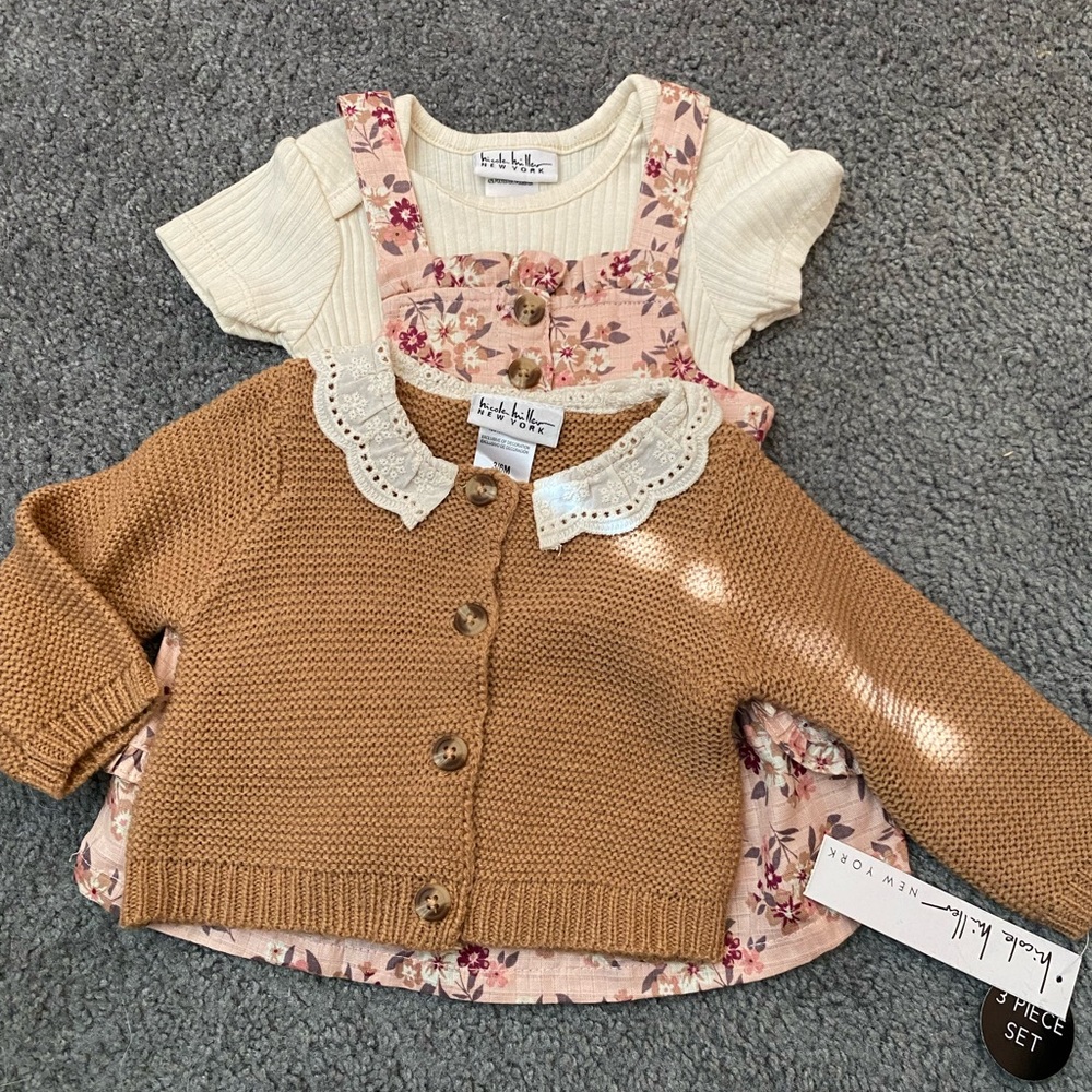 Nicole Miller - Tan Cardigan and Pink Floral Dress Set - size 3-6 month